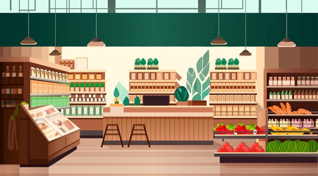 Vecteur supermarché d'épicerie avec des étagères de produits concept de consommation de détail magasin moderne illustration vectorielle horizontale intérieure