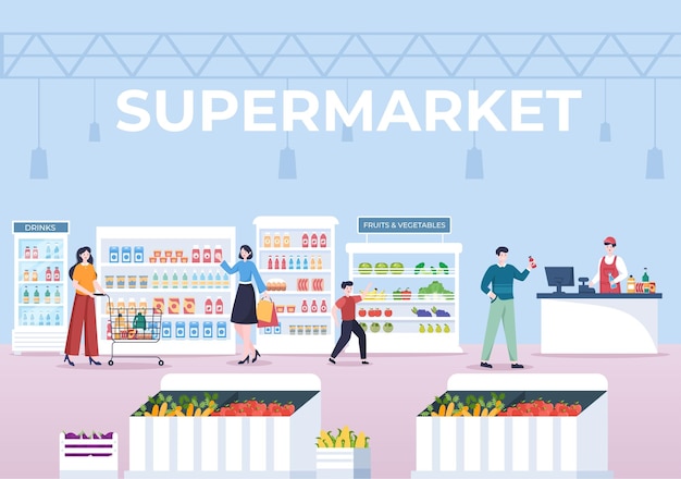 Supermarché Avec étagères Articles D'épicerie Et Produits De Panier Complet Et Consommateurs Dans L'illustration