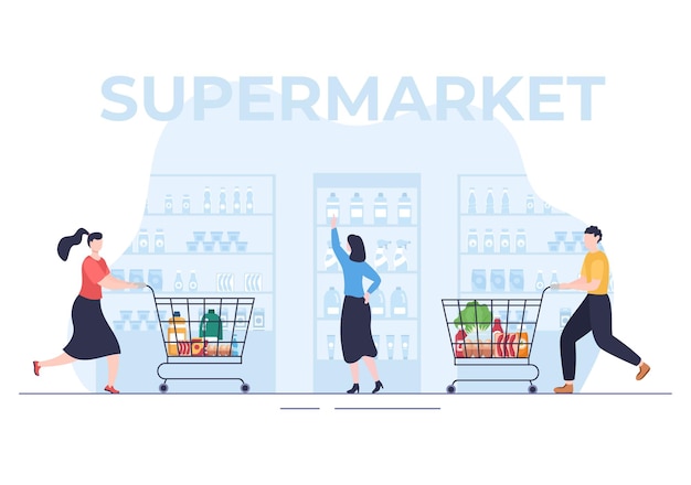 Vecteur supermarché avec étagères articles d'épicerie et produits de panier complet et consommateurs dans l'illustration