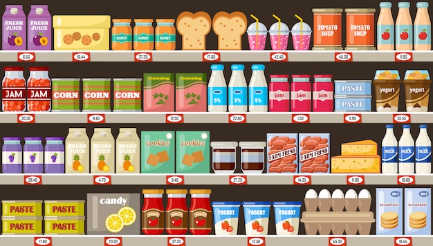 Supermarché, étagères avec produits et boissons