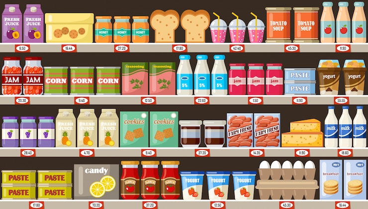 Vecteur supermarché, étagères avec produits et boissons