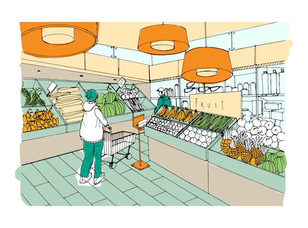 Supermarché Intérieur Dessiné à La Main Illustration Colorée. épicerie, Rayon Légumes.