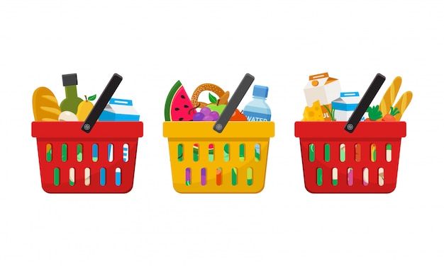 Supermarché. Paniers d'achat avec des aliments. illustration