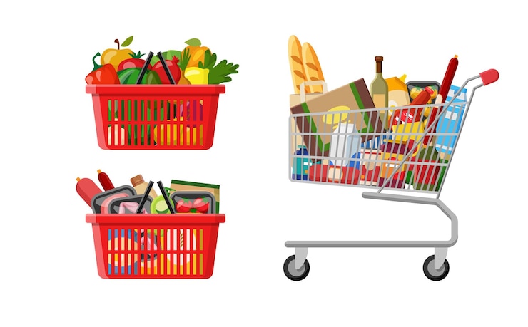 Vecteur supermarché plat de style catroon avec paniers rouges en plastique et buggy en métal plein de produits