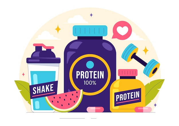 Suppléments protéiques Illustration vectorielle mettant en vedette des aliments sains, des poudres de protéines et des exercices de fitness pour soutenir la nutrition et les vitamines du corps