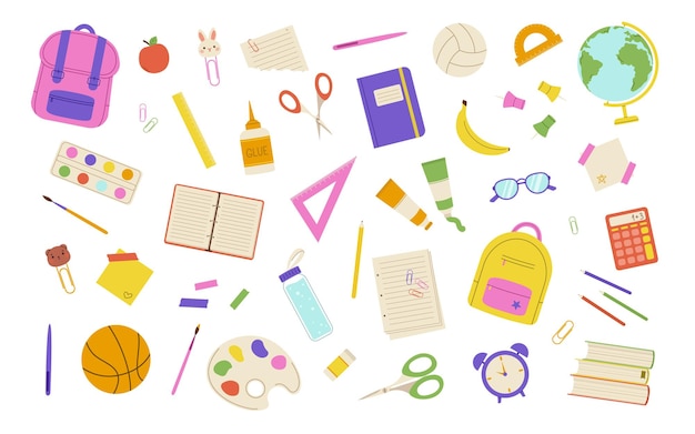 Supplies scolaires grand ensemble Retour à l'école Illustration vectorielle plate isolée sur fond blanc