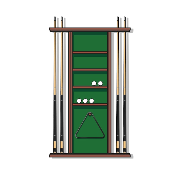 Support De Queue De Billard Avec Boules Et Triangle. équipement De Jeu Ou élément De Mobilier De Club De Jeux De Billard, De Billard Ou De Pari, Support Vectoriel Avec étagères, Queue De Billard En Bois, Boule Et Support