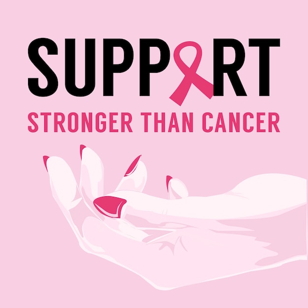 Vecteur support stronger than cancer square banner ou flyer with hand holding text with cancer ribbon femmes