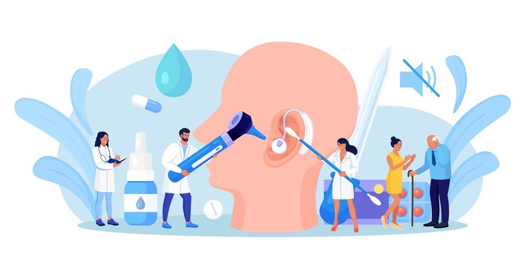 Vecteur surdité, perte auditive. les médecins vérifient la santé de l'oreille, de l'organe auditif. patient sourd ayant un problème auditif consultez un médecin audiologiste pour un traitement. examen médical, test des oreilles. grande oreille avec prothèse auditive