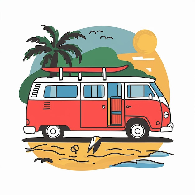 Vecteur surf van et t-shirt de design de plage imprimé sur fond blanc