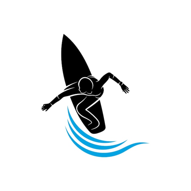 Surfer avec le modèle de vecteur de logo de vague d'eau Symbole d'illustration Conception de silhouette