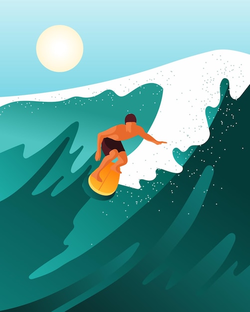 Surfeur masculin sur une planche de surf sur une vague de l'océan Affiche d'illustration de paysage marin d'été