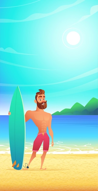 Surfeur Sur La Plage Tropicale Heureux Homme Avec Barbe En Short De Bain Debout Image Verticale De La Baie De Sable