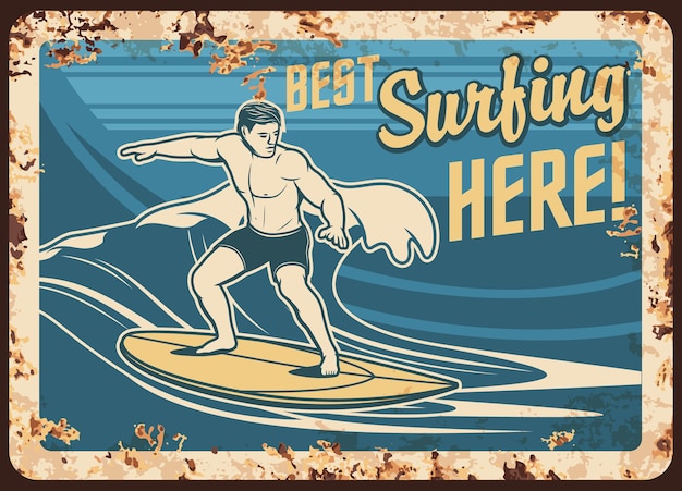 Vecteur surfeur de plaque de métal rouillé surfeur sur les vagues de planche de surf affiche rétro vintage