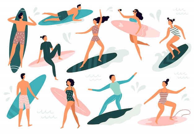 Surfeurs. Surfeur, debout, sur, planche surf, illustration, ensemble