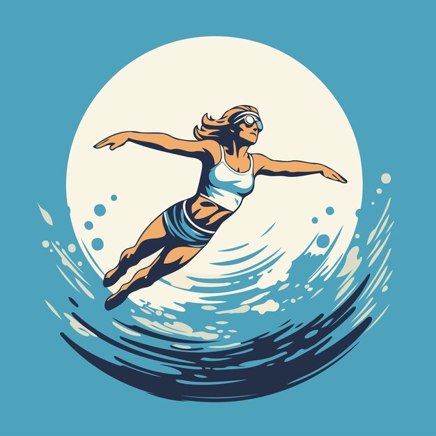 Vecteur surfeuse sautant sur les vagues illustration vectorielle dans le style rétro