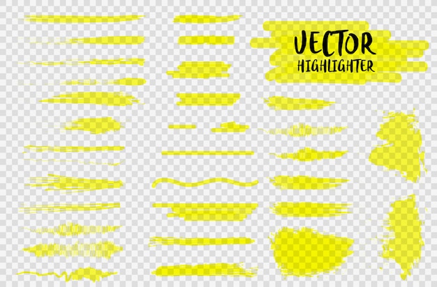 Surligneur marqueur souligne les traits. Trait de couleur de marqueur, pinceau dessiné à la main souligné. Mettez en surbrillance les traits jaunes, les lignes isolées sur un fond transparent.