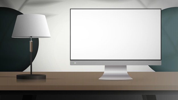Vecteur surveiller avec un écran blanc espace de fond de studio avec des ombres et une étagère studio blanc dans un style réaliste