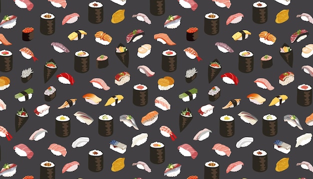Vecteur sushi and rolls sur fond sombre