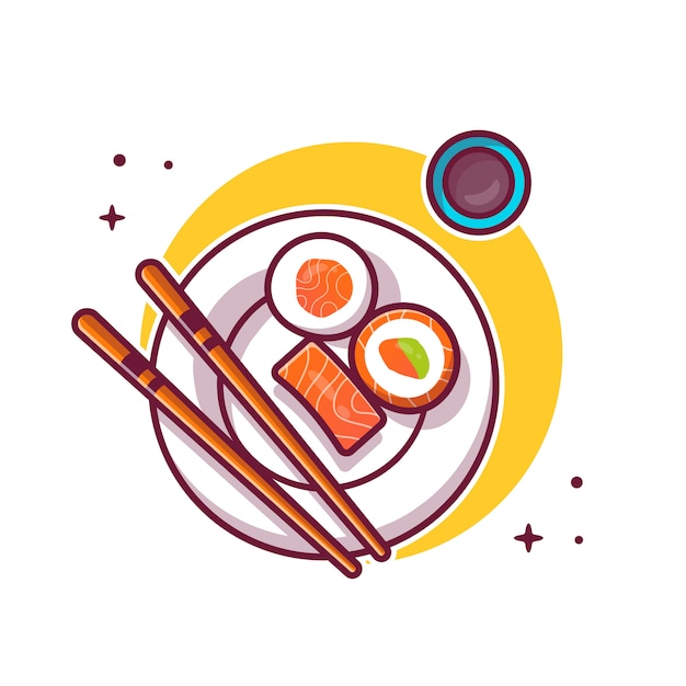 Vecteur sushi au saumon avec baguettes sur plaque illustration d'icône de dessin animé. concept d'icône de cuisine japonaise isolé. style de bande dessinée plat