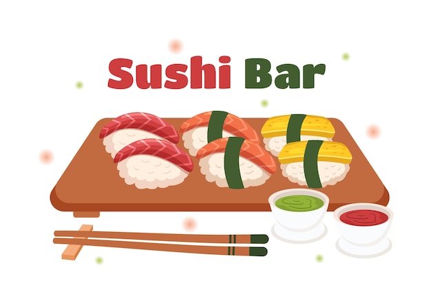 Sushi Bar Japon Modèle Nourriture Asiatique Illustration Plate Dessin Animé Dessiné Main