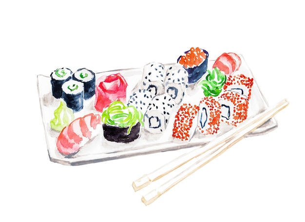 Sushi, cuisine japonaise, cuisine asiatique, plat de fruits de mer, aquarelle
