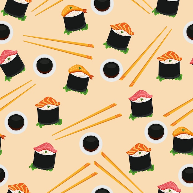 Sushi Dessinés à La Main Modèle D'aliments Asiatiques Sans Soudure De Vecteur