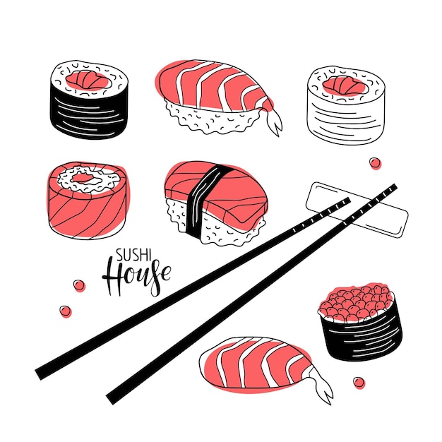 Sushi House. Ensemble De Sushi, Baguettes, Logo De Lettrage De Calligraphie Isolé Sur Fond Blanc