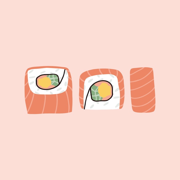 Sushi Avec Illustration Vectorielle De Poisson Dessinés à La Main Dans Un Style Plat
