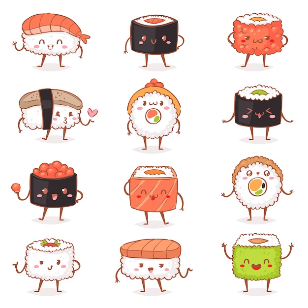 Sushi Kawaiivector Nourriture Japonaise Sashimi Roll émoticône Ou Nigiri Emoji Fruits De Mer Avec Du Riz Au Japon Restaurant Illustration Japanization Cuisine Avec Des émotions Faciales Ensemble Isolé Sur Fond Blanc