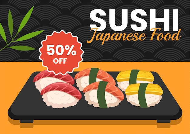 Vecteur sushi nourriture japonaise médias sociaux arrière-plan dessin animé plat des modèles dessinés à la main illustration