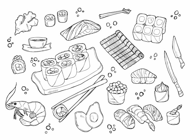 Vecteur sushi et petits pains dans des plats de cuisine traditionnelle japonaise de style doodle