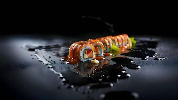 Vecteur sushi richement épicé et décoré sur un plateau fond noir