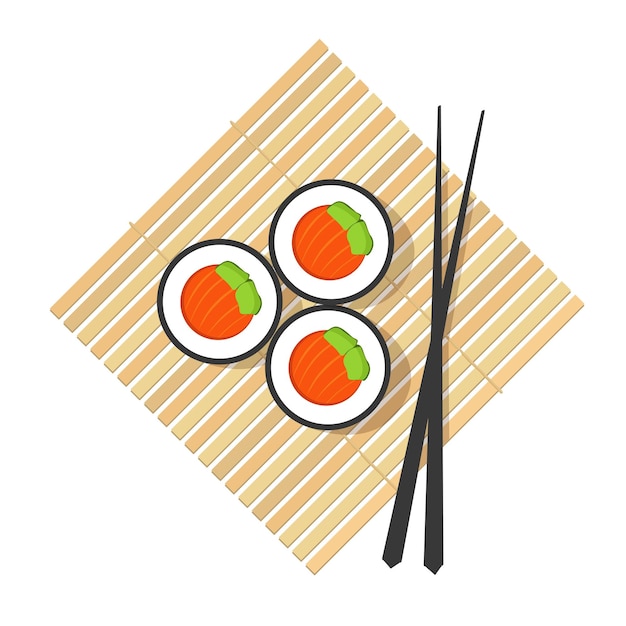 Sushi roll maki au saumon sur une plaque en bois de bambou avec des baguettes isolé sur fond blanc