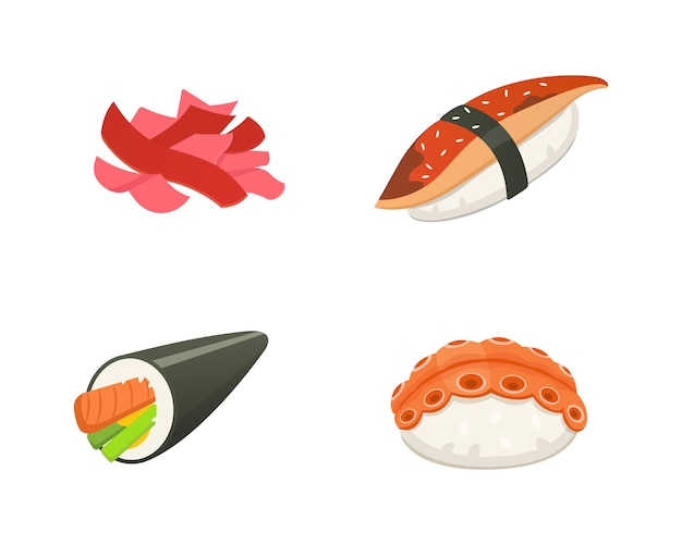 Sushi Et Rouleaux Japonais Traditionnels. Fruits De Mer Asiatiques, Illustration Délicieuse De Restaurant.