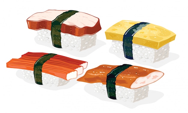 Vecteur sushi tako, kani, unagi et tamago