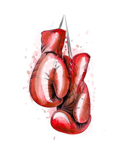 Suspendre Des Gants De Boxe D'une éclaboussure D'aquarelle, Croquis Dessiné à La Main. Illustration De Peintures