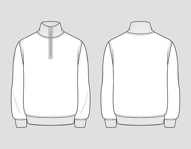 Sweat Quart Zippé. Vêtements Décontractés Pour Hommes. Croquis Technique De Vecteur. Modèle De Maquette.