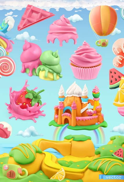 Sweet candy land, pâtisserie, art de la pâte à modeler, illustration vectorielle