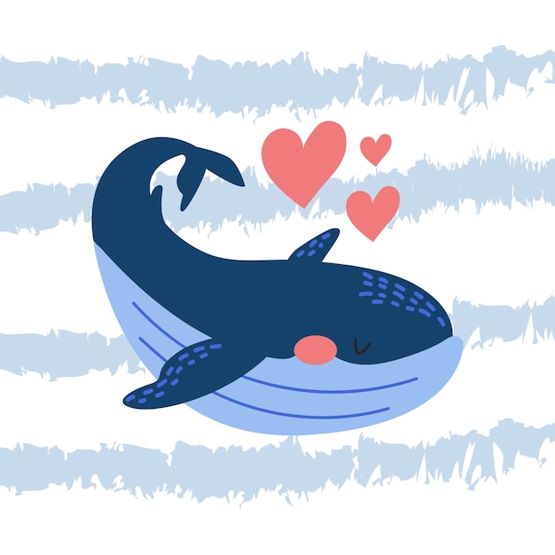 Vecteur sweet whale and hearts illustration vectorielle dessinée à la main carte d'impression d'affiches du monde marin