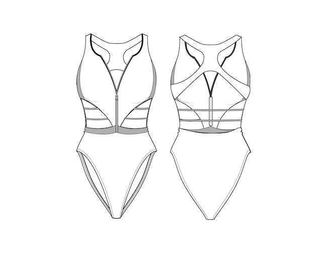 Vecteur swimwear fashion flat sketch template stock vector vue avant et arrière. vecteur premium
