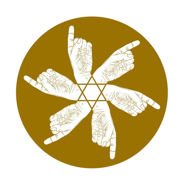 Vecteur symbole abstrait de six mains pointées avec étoile hexagonale, emblème spécial de vecteur de couleur unique avec des mains humaines.