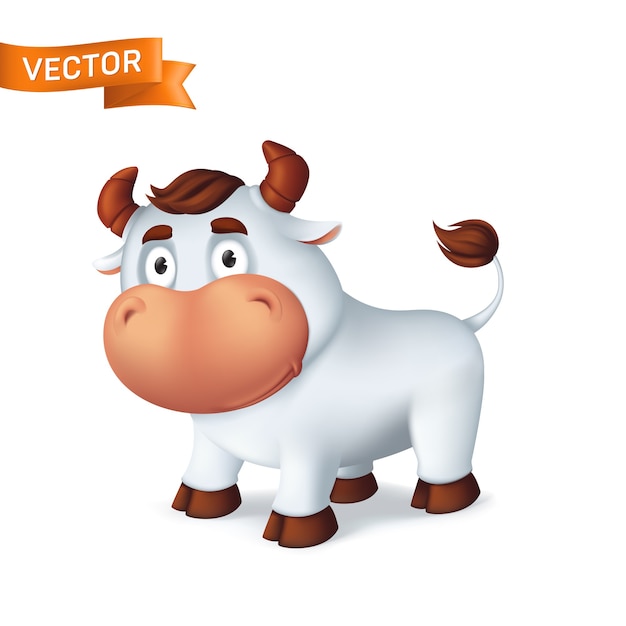 Symbole animal drôle de bœuf argenté de l'année dans le calendrier du zodiaque chinois. Dessin animé 3D du taureau souriant isolé sur fond blanc