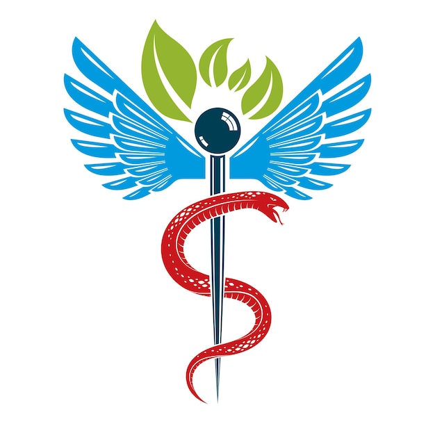 Symbole De Caducée Composé De Serpents Venimeux Et D'ailes D'oiseaux, Illustration Vectorielle Conceptuelle De Soins De Santé. Thème De La Médecine Alternative.