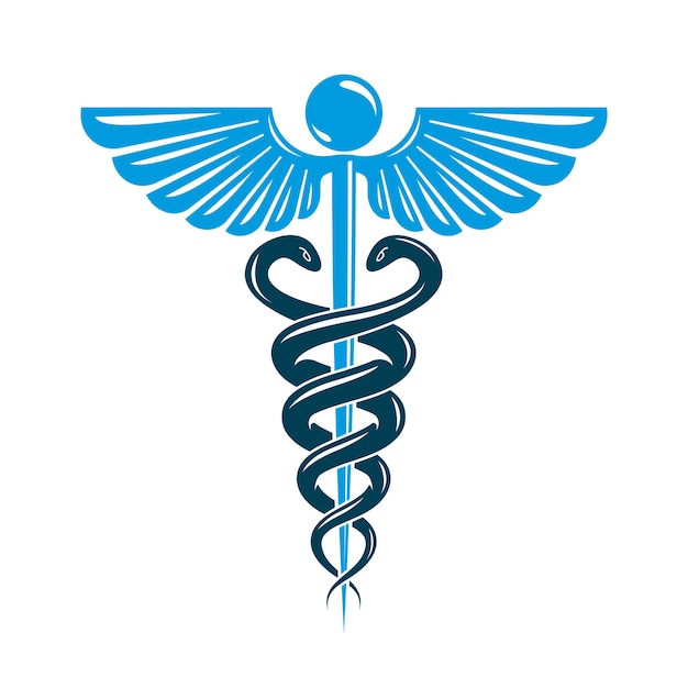 Symbole de caducée réalisé à l'aide d'ailes d'oiseaux et de serpents venimeux, illustration vectorielle conceptuelle de soins de santé.