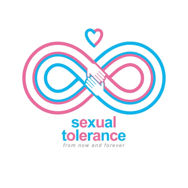 Symbole conceptuel de la tolérance sexuelle hétéro et homosexuels, tolérance zéro, symbole vectoriel créé avec un signe de boucle à l'infini et deux mains de personnes d'orientation différente se touchant et s'atteignant