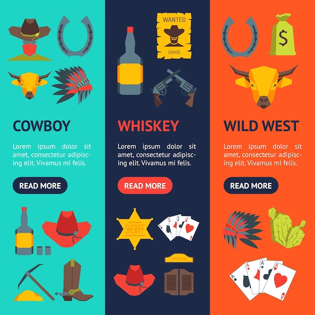 Symbole De Dessin Animé De Cowboy Banner Vecrtical Set Vector