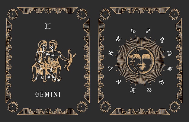 Symbole Du Zodiaque Gémeaux Dans L'ancienne Carte Horoscope Vectorielle