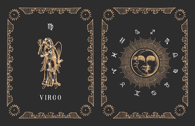 Symbole Du Zodiaque Vierge Dans L'ancienne Carte D'horoscope Vectoriel