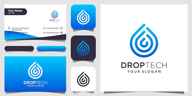 Symbole De L'eau Avec Le Style D'art En Ligne. Gouttelette Avec Style D'art En Ligne Pour Concept Mobile Et Web. Ensemble De Conception De Logo Et De Carte De Visite